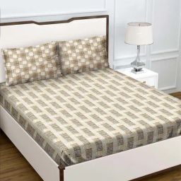 BELLA CASA Genteel Checks Beige 180 TC Plain King Bedsheet with 2 Pillow Covers-image-70