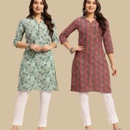 Rangita Pink & Green Cotton Printed Straight Kurta - Pack Of 2-image-46