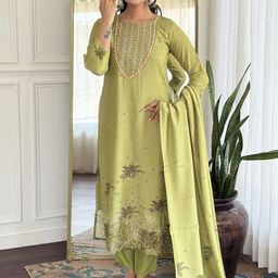 KOTRONS Women Ethnic Motifs Embroidered Round Neck Pure Silk Kurta with Trousers & Dupatta-image-28
