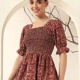 OTABU Women Ethnic Motifs Printed Puff Sleeve Smocked Peplum Regular Top-picture-41