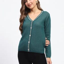 MADAME Teal Self Design Cardigan-23