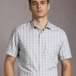 Louis Philippe Checked Short Sleeves Pure Cotton Formal Shirt-image-25