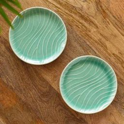 ExclusiveLane Sea Green Ceramic Hand Glazed Microwave Safe Side Plates - Set of 2-image-1