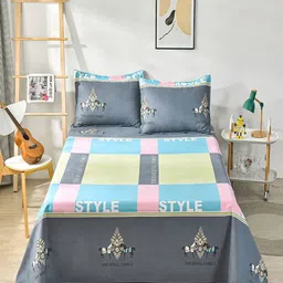 JC HOME Grey & Blue King Bedsheet with 2 Pillow Covers-image-74