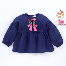 Babyhug Full Sleeves Rayon Crinkle-Crepe Top With Draw-String And Floral Embroidery- Navy Blue-picture-11