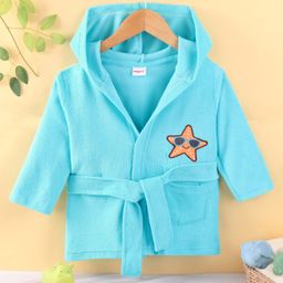 Babyhug Full Sleeves Cotton Bath Robe with Hood - Blue-image-23