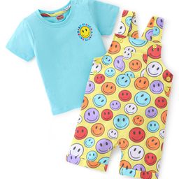 Babyhug Single Jersey Knit Dungaree & Half Sleeves T-Shirt Emoji Print - Multicolour-picture-26