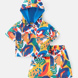Babyhug 100% Cotton Knit Half Sleeve Hooded Top & Shorts Set with Abstract Print - Multicolor-picture-21