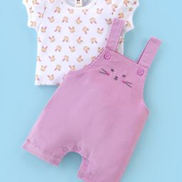 ToffyHouse Cotton Half Sleeves T-Shirt with Dungaree Bunny Print - Blush-18