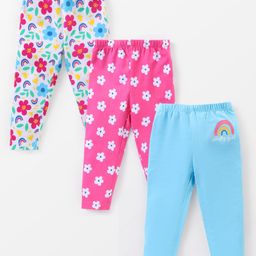 Babyhug Cotton Knit Full length Leggings with Floral Printed Pack of 3 - Multicolour-image-119