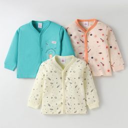 Mini Donuts Interlock Knit Full Sleeves Front Open Vests With Space Theme Print Pack of 3 - Turquoise Peach & Lime Green-0
