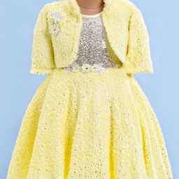 Enfance Full Sleeves Sequin & Glitter Detailed Dress With Shrug - Lemon-image-4