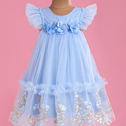 Babyhug Woven Sleeveless Fit and Flare Party Frock with Corsage Applique & Floral Embroidery Detailing - Light Blue-image-86