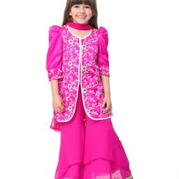 Babyhug Woven Three Fourth Puffed Sleeves Floral Embroidered Kurti Palazzo Set with Dupatta - Pink-image-86
