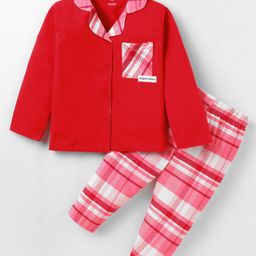 Cucumber Sinker Knit Full Sleeves Front Open Night Suit With Checks - Red & Pink-image-64