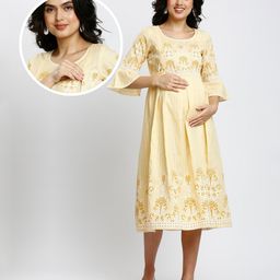 Dummy Shape Three Fourth Bell Sleeves Floral Printed Maternity Flared Kurta With Attached Belt & Concealed Zipper Nursing Access - Yellow-image-57