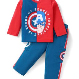 Babyhug Marvel Single Jersey Knit Full Sleeves T-Shirt & Lounge Pant Set With Avengers Graphics & Badge Detailing - Red & Blue-image-85