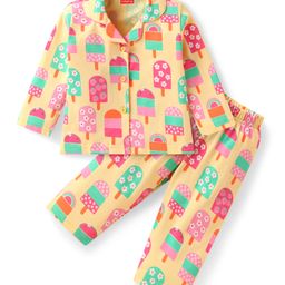 Babyhug Cotton Knit Full Sleeves Front Open Co-ords Night Suit with Popsicle Print - Yellow-image-19