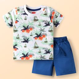 Babyhug Single Jersey Knit Half Sleeves T-Shirt & Shorts Set with Beach Theme Print - Blue-image-79