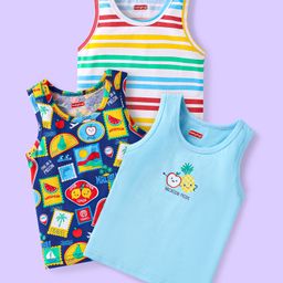 Babyhug 100% Cotton Knit Antibacterial Sleeveless Sandos with Stripes & Beach Theme Print Pack of 3 - Light Blue & Navy Blue-image-89