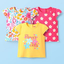 Babyhug Cotton Knit Cap Sleeves T-Shirts with Floral Print Pack of 3 - Pink White & Yellow-image-57
