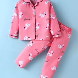 Doreme Cotton Knit Full Sleeves Front Open Flamingo Printed Night Suit - Pink-image-87