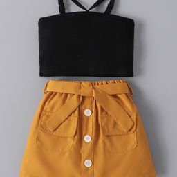 Mark & Mia Sleeveless Solid Color Top & Skirt Set with Fabric Belt - Khaki & Black-image-37
