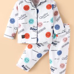 Enfance Core Cotton Woven Full Sleeves Smiley & Follow Me Text Printed Coordinating Night Suit Set - White-image-9