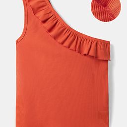 Kookie Kids Knit Sleeveless Solid Color Rib Slim Fit Off Shoulder Frill Top - Coral-image-68
