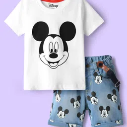 Babyhug Disney Single Jersey Knit Half Sleeves T-Shirt & Short Set With Suspender & Mickey Mouse Graphics - White & Blue-picture-26
