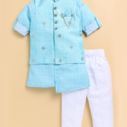 LITTLE COLLARS Cotton Blend Full Sleeves Ethnic Motifs Printed Kurta Pyjama With Threadwork Embroidered & Sequins Embellished Nehru Jacket Set - Sea Green-image-17