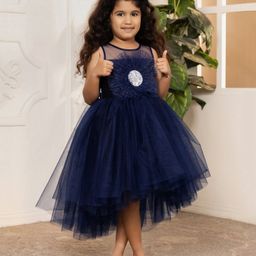 Toy Balloon Kids Net Sleeveless Floral Applique Detailed & Sequins Embellished Layered High Low Dress - Navy Blue-image-67
