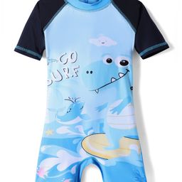 ROVARS Half Raglan Sleeves Legged Swimsuit with Sea Life Print - Navy & Light Blue-image-80