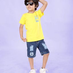 Kiddopanti Cotton Knit Half Sleeves Palm Tree Printed Tee With Mild Distressed Denim Shorts Set - Yellow & Dark Blue-25