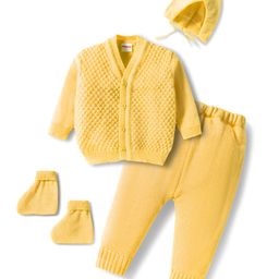 Babyhug Knitted Full Sleeves Front Open Solid Sweater Set With Cap & Mittens - Yellow-picture-14