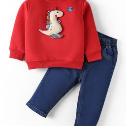 Little Kangaroos Cotton Knit Full Sleeves Winter Wear T-Shirt & Lounge Pant Set With Dino Applique - Red & Navy Blue-picture-30