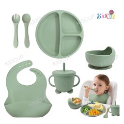 Kidcup 6 Pcs Silicone Baby Feeding Set, BPA Free & Microwave Safe Dinner Tableware Kit - Feeding Bowl, Suction Plate, Cup, Spoon, Fork & Bib for Kids (green) (Color & design may vary)-24