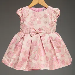 KIDSDEW Jacquard Woven Puffed Sleeves Floral Foil Printed Bow Applique Detailed Dress - Peach-picture-6