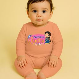 The Peppy Tend 100% Cotton Knit Janmasthami Theme Full Sleeves Natkhat Radha Text Printed Romper - Peach-image-21