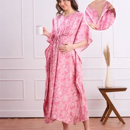 Bella Mama Cotton Woven Half Sleeves Maternity Kaftan Nighty with Floral Print - Pink-picture-33