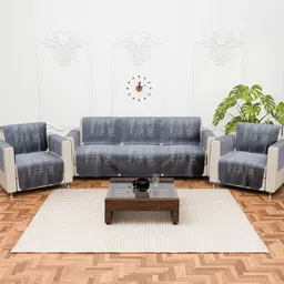 RUBOXA Grey 16 Pieces Self Design Cotton 5 Seater Sofa Cover With Arms-4