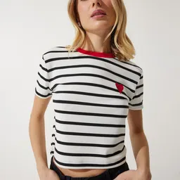 Happiness istanbul Women Striped V-Neck Cotton T-shirt-image-83