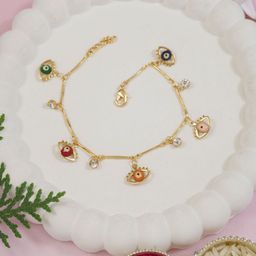 I Jewels Gold-Plated Artificial Stones Studded Evil Eye Charm Bracelet-image-33