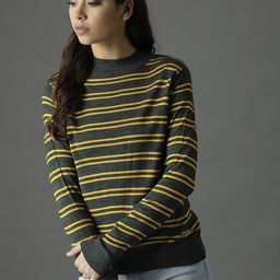 Roadster Women Olive Green & Mustard Yellow Striped Pullover-picture-25