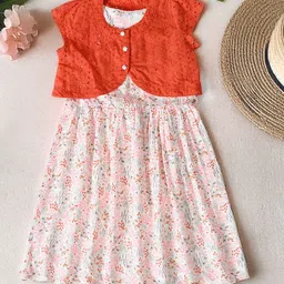 BAESD Girls Floral Printed Fit & Flare Dress With Schiffli Embroidered Shrug-image-30