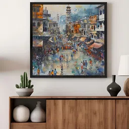 999Store Blue & Orange Bustling Bazaar In The Heart Of The City Canvas Wall Art-image-78