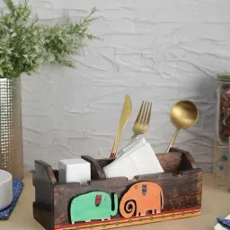VarEesha Trunk & Tusks Brown Mango Wood Cutlery cum Tissue Holder - Set of 1-image-28