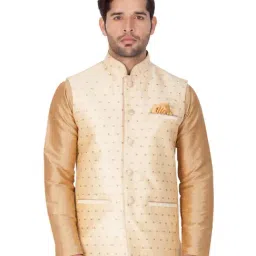 VASTRAMAY Beige Straight Fit Self Pattern Nehru Jacket-20