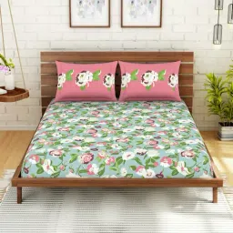 Spaces Blue 210 TC Cotton Queen Bed Sheet with 2 Pillow Covers-picture-37