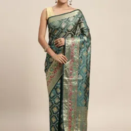 Blissta Bottle Green Geometric Print Kanjeevaram Saree With Unstitched Blouse-picture-13